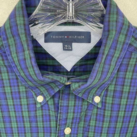 TOMMY HILFIGER Shirt Mens 15.5 34-35 Blue Green Plaid Button Down Long Sleeve - Picture 3 of 7